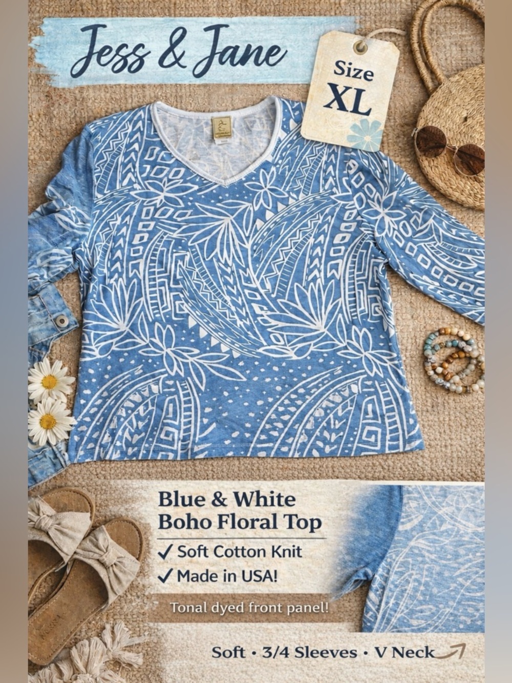 Jess & Jane Blue & White Boho V-Neck Long Sleeve Top - XL